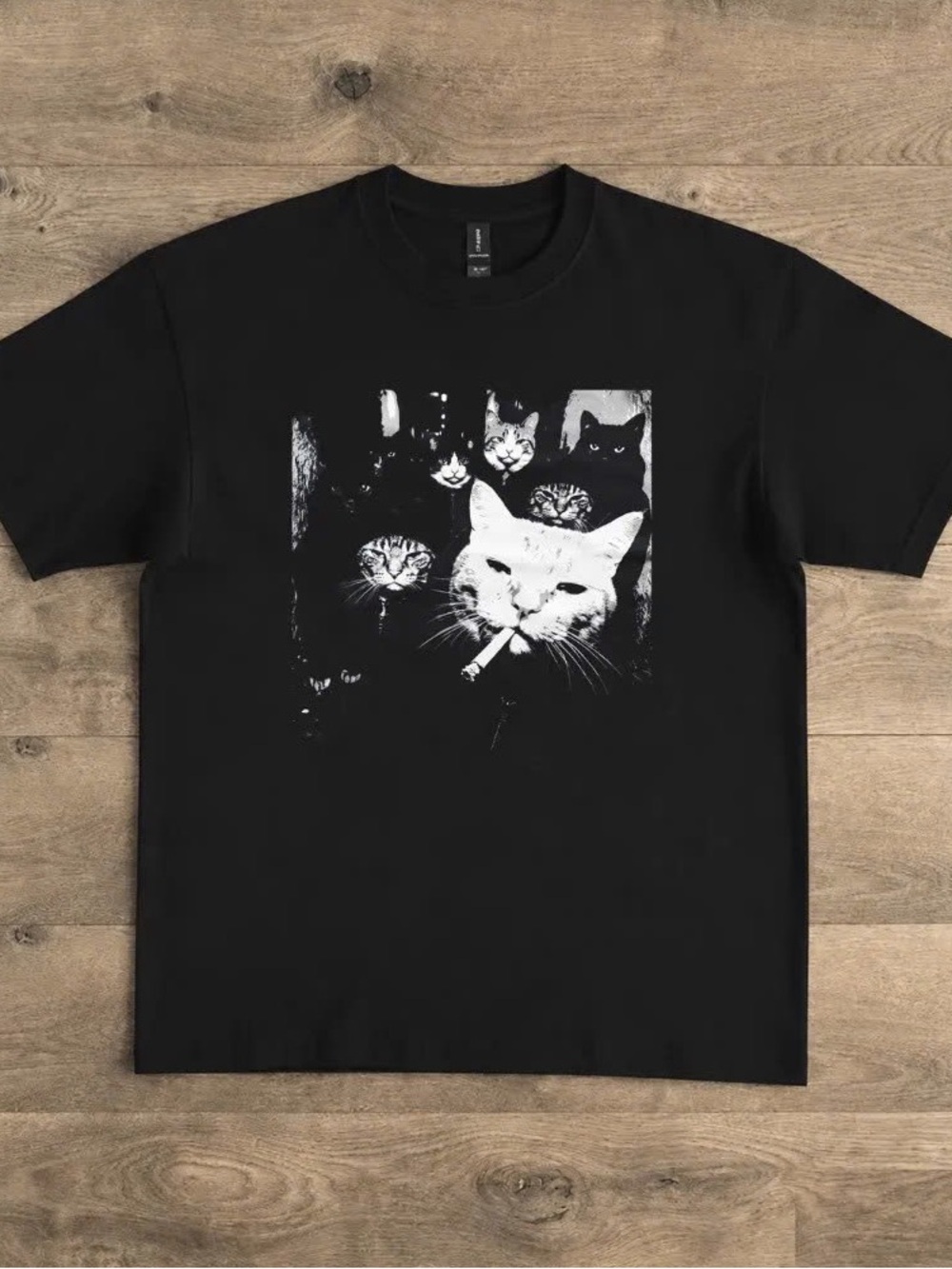 Gildan Black Tee with White Cat Graphic